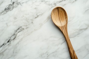 A wooden spoon elegantly rests on a pristine white marble surface, showcasing its natural texture and simple beauty.
