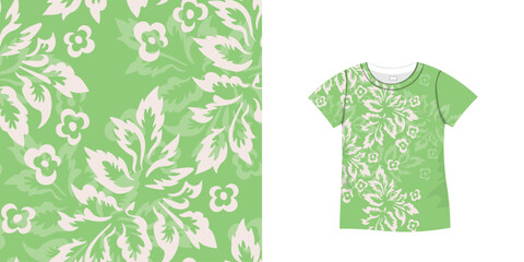 T-shirt with floral pattern. Women jersey, sport uniform kit, short fashion top, round neck blouse. Sketch Illustration. Template mock up.