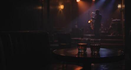 Two Glasses of Whiskey on a Table in a Dark Bar with a Saxophonist in the Background