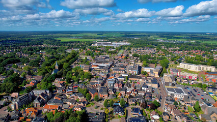Aerial panorama view of the city Beilen in the Netherlands on a sunny morning in summer