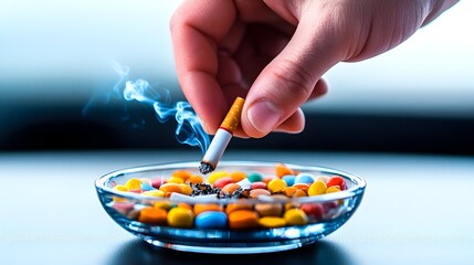 Hand extinguishing cigarette in pills-filled ashtray