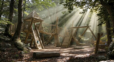Wooden playground in a sunlit forest
