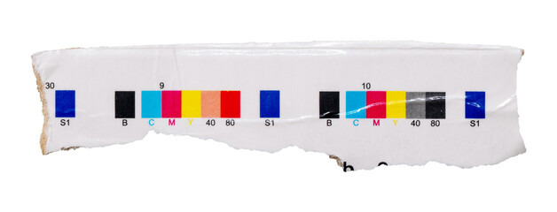 Printing cmyk marks on piece of cardboard from beverage package. Offset print calibration color bars