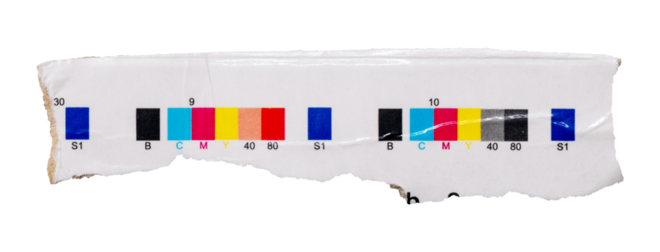 Printing cmyk marks on piece of cardboard from beverage package. Offset print calibration color bars