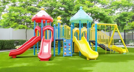 Colorful playground equipment on artificial turf in a garden setting