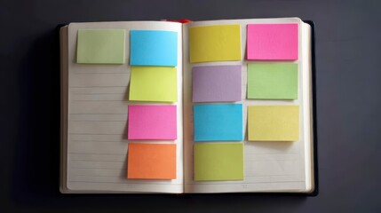 Colorful Sticky Notes on Open Notebook in Modern Workspace for Creative Ideas and Organizational Planning