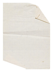 Yellowed old vintage paper, isolated notebook lined sheet with folded corners
