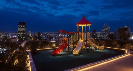 Rooftop Playground at Night with City Skyline View