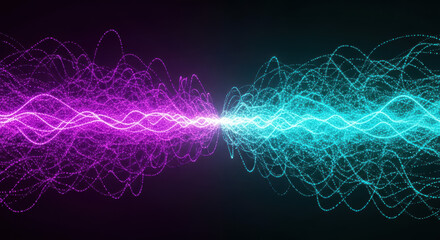 Vibrant purple and cyan energy waves create a dynamic abstract background with glowing particles
