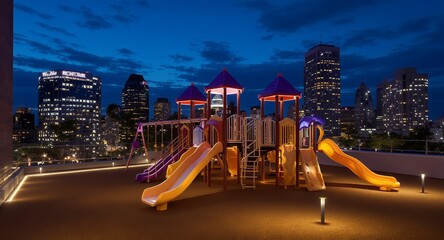 Rooftop Playground at Night with City Skyline View
