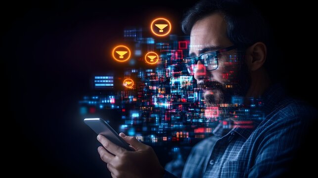 Man using phone, data streams, night, digital, future