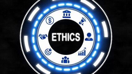 Businessman pressing an Ethics concept button. holographic advanced HUD circle platform Business, Technology, Internet and network concept animate on dot background.