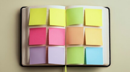 Open Notebook with Colorful Sticky Notes in Pastel Shades on a Light Background for Organization and Planning