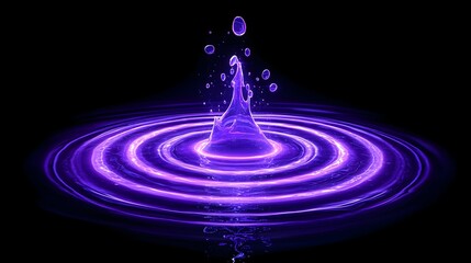 Purple liquid drop impact, ripple effect, dark background, abstract design