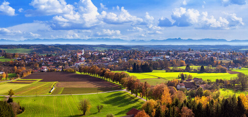Autumn landscape, panorama, banner - panorama of the town of Ebersberg and its surroundings from the observation tower above the Ebersberger Alm on the Ludwigshohe hill, Bavaria, Germany