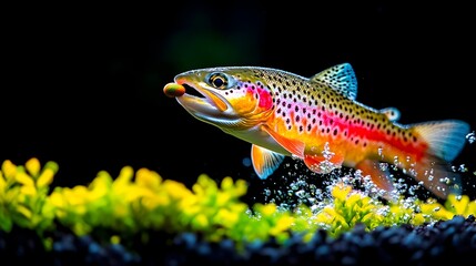 Rainbow trout leaping, aquatic plants, dark background, fishing lure