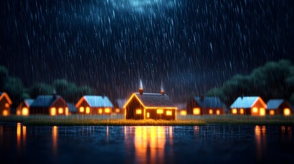 Rainy night, village, illuminated house, lake, storm