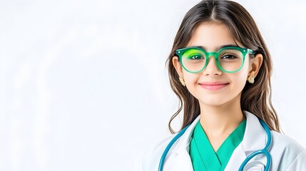 Smiling girl doctor portrait, studio, healthcare