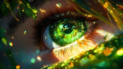 Sparkling green eye, nature backdrop, fantasy art, digital, poster