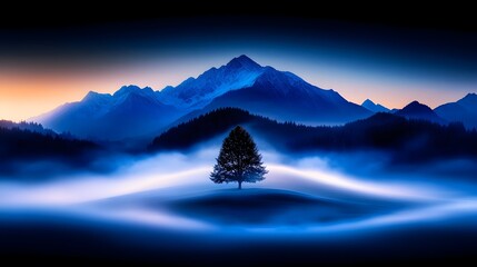 Solitary tree, misty sunrise, mountain range, peaceful landscape, nature wallpaper