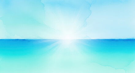 Obraz premium A serene watercolor painting depicts a bright sea and sky horizon in shades of blue
