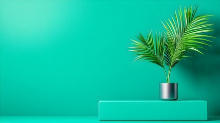Teal backdrop, palm plant, product display platform