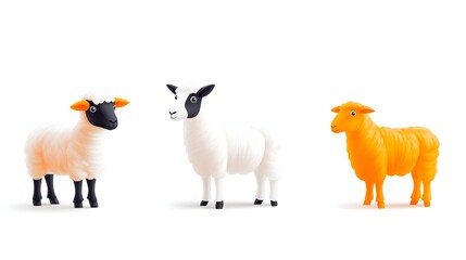 Three toy sheep, studio shot, white background, farm animals