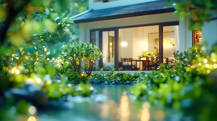 Tranquil Asian garden house, night lighting, serene pond