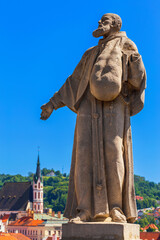 Close-up view of the sculpture of the Saint Felix of Cantalice on Cloak Bridge at the castle of Cesky Krumlov, Czech Republic