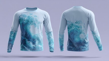 ocean wave graphic rash guard mockup, surf apparel and activewear branding presentations
