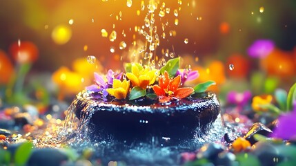 Water splashing vibrant flowers on rock, garden, spa