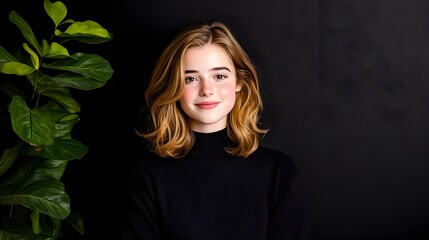 Woman smiling, black background, plant, studio portrait, website