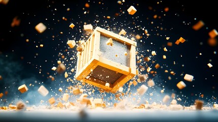 Wooden crate explodes, golden fragments fly, dark background, shipping concept