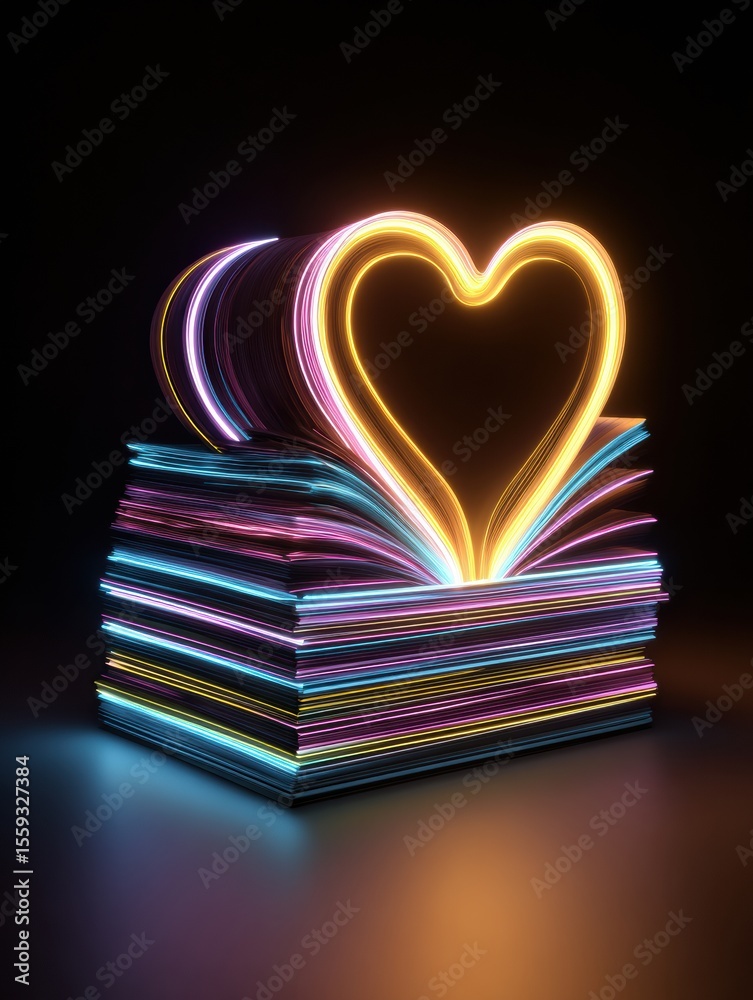 Poster Stacked Books Forming a Heart Shape With a Radiant Glow at the Center During a Creative Art Display