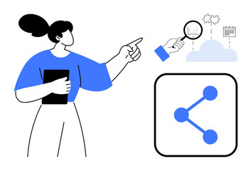 Woman holding a tablet points at tech overlays, sharing icon, magnifying glass on charts, cloud, and calendar. Ideal for technology, teamwork, data analysis, innovation strategy collaboration