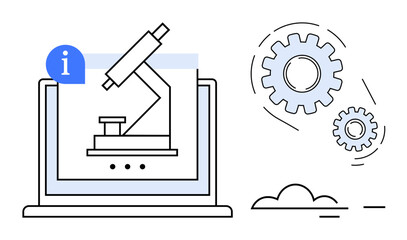 Microscope on laptop screen with information icon, gears in motion, and minimalistic design. Ideal for research, innovation, technology, science, education analysis and automation. Simple flat
