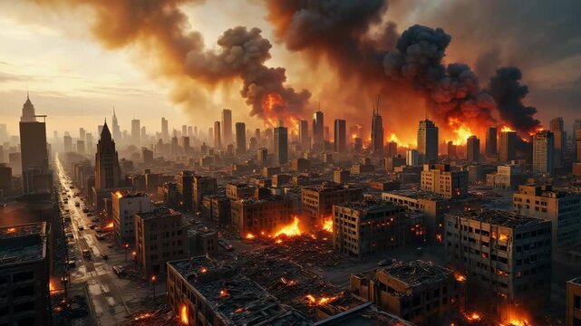 Destroyed city on fire, post apocalyptic urban ruins, burning buildings smoke, war disaster destruction, dystopian end of world concept, dramatic catastrophe scene, digital art