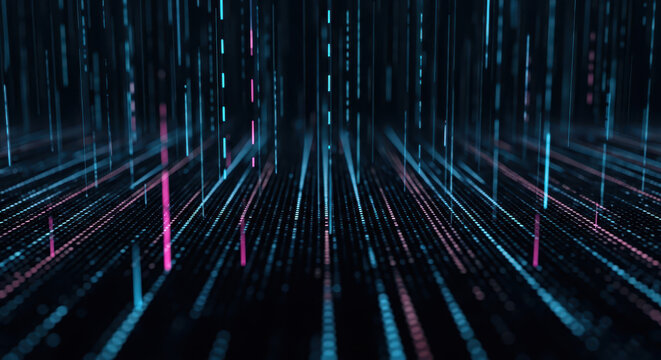 Abstract digital background with flowing data streams and binary code in a futuristic matrix pattern