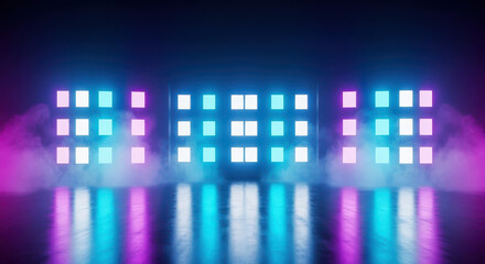 Neon lights reflect in a smoky, dark space, creating an abstract and futuristic stage background with purple and blue hues