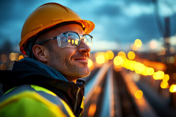 Man wearing safety helmet and goggles smiles on a construction site at dusk with blurred lights in the background. Concept of construction worker happiness. For promoting construction safety.