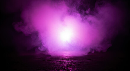 Fototapeta premium A vibrant purple smoke fills the dark space, creating an ethereal and mysterious atmosphere with a bright light source