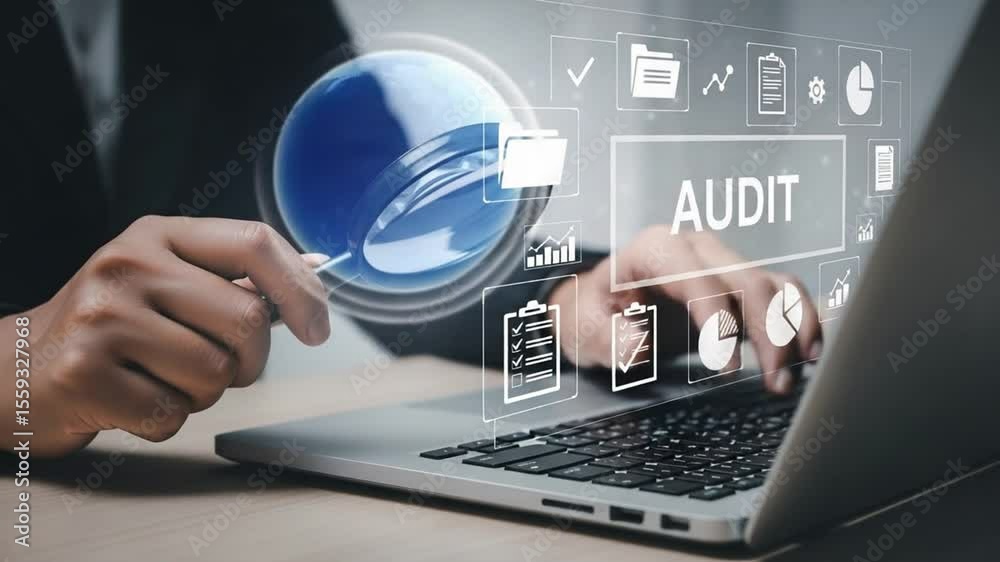 Poster A person inspecting a laptop screen with a magnifying glass showing audit related icons overlaying