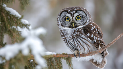 A boreal owl gazes into the camera while perched on a branch, with space for text beside it.