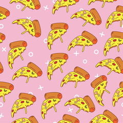 Colorful seamless vector pattern with pizza slices in cartoon stylisation. Pop art wallpaper. Trendy food background in flat doodle style