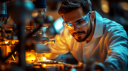 A scientist wearing goggles focuses intently while working with complex equipment, illuminated by warm lights. Concept of technology and precision. For scientific research photos.
