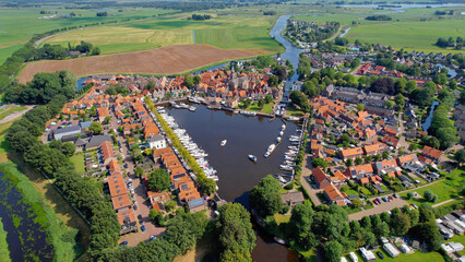 Aerial panorama view of the city Blokzijl in the Netherlands on a sunny morning in summer