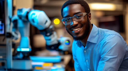 A man wearing glasses and a blue shirt smiles beside a robotic arm in a modern lab. Concept of technology and robotics. For tech innovation and workplace content.