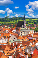 Summer cityscape - top view of the historic centre of Cesky Krumlov, Czech Republic