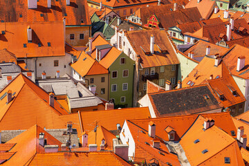 Summer cityscape - top view of the houses and streets in the historical center of Cesky Krumlov,...