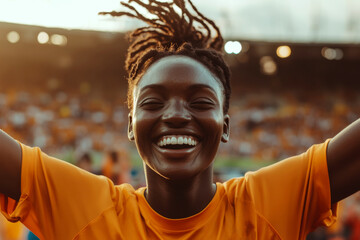 Smiling person wearing an orange shirt in a stadium, arms raised in joy. Concept of happiness and celebration. For sports event advertisement.